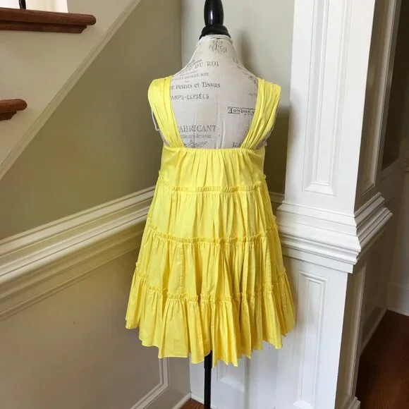 Aje Le Mempris Tiered Mini Dress Womens 4 Citrus Yellow Lemon Cotton Sleeveless